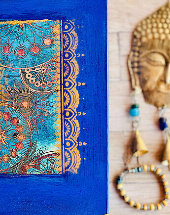 Kufer boho na biżuterię, mandala, prezent, złote dodatki, granat, Monique Art