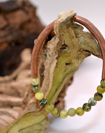 Bransoletka miedziana handmade z koralikami: jaspis, FutharkCopper