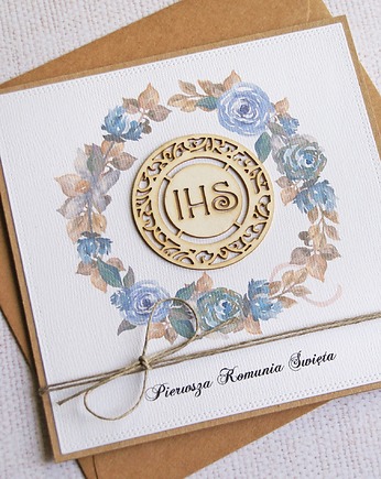 Kartka z życzeniami : I Komunia Święta : niebieska IHS