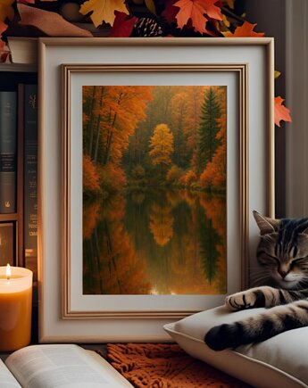 PLAKAT jesienny las zdjęcie kolorowe drzewa jezioro, black dot studio