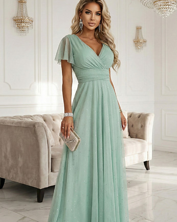 635-8 MELANIA błyszcząca suknia z dekoltem i krótkim rękawem - pistacja, NUMOCO