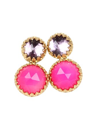 Złote kolczyki retro z ametystem i agatem różowym, Blooming Stones