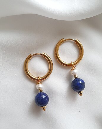 Kolczyki złote koła z perłą i lapisem lazuli, LEI handmade 