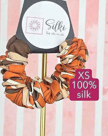 XS mini mała gumka dla dzieci do włosów jedwab naturalny scrunchie brązowa, Silki