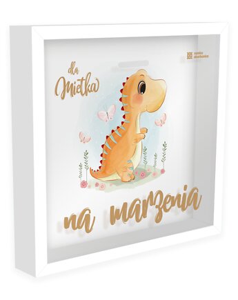 Ramka Skarbonka - Na marzenia - pomarańczowy dinozaur - z imieniem dziecka, Ramka Skarbonka