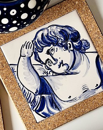 Julian - Podkładka pod kubek z aniołem na kafelku ręcznie malowanym, azulkafelki