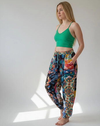 Patchworkowe spodnie dresowe Wikalpa krój haremki rozmiar L, Auri Lili