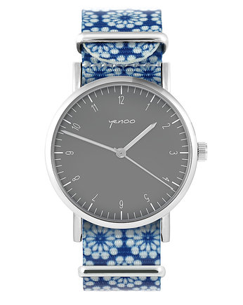 Zegarek - Simple szary - niebieski, kwiaty, yenoo