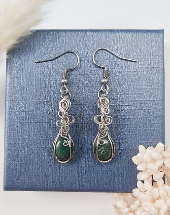 Kolczyki Agat Mszysty stal chirurgiczna handmade wirewrapping, byNostawen