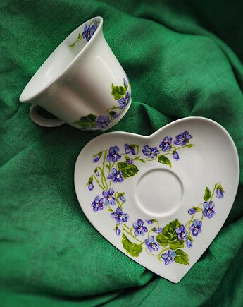 Ręcznie malowany zestaw filiżanka ze spodkiem FIOŁKI, ka.linea