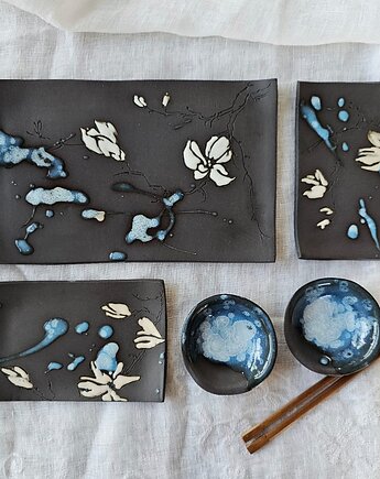 Błękitny ceramiczny zestaw do sushi dla 2 osób handmade, Ewa Duszka