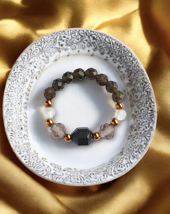 OCHRONA : pierścionek II - turmalin, obsydian, kwarc dymny, kryształ górski