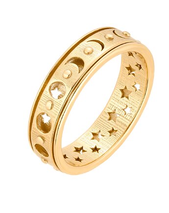 Złota obrotowa obrączka z fazami księżyca i gwiazdami, SOTHO