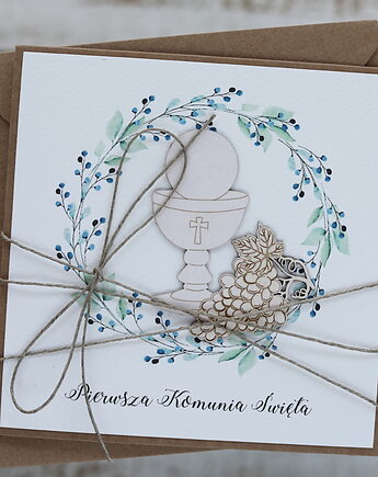 Ręcznie robiona kartka na komunię z życzeniami dla chłopca, sorte