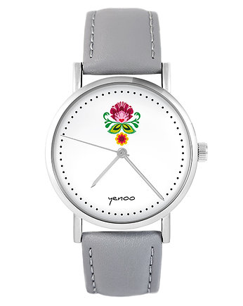 Zegarek - Folkowy kwiat - skóra, szary, yenoo