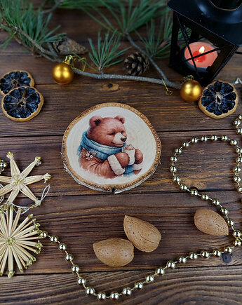 Brzozowa podkładka pod kubek, świąteczna zawieszka - niedźwiadek, Manufa