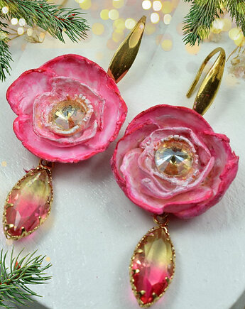 Kolczyki kwiaty z kryształami - róż i złoto, Pracownia Kameleon