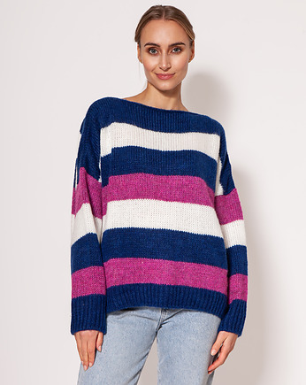Oversize'owy sweter w paski - SWE299 kobalt/róż/ecru MKM, MKMswetry