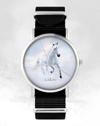 Zegarek - Biały koń biegnący - czarny, nylonowy, OSOBY - Prezent dla teścia