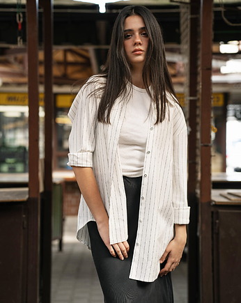 Lniano-wiskozowa lejąca koszula, ALISA, biała w czarne paski, Yanowska
