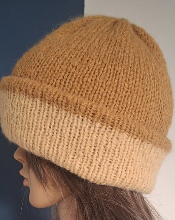 Czapka Fluffy podwójna dwustronna wanilla - musztarda, Knit Couture