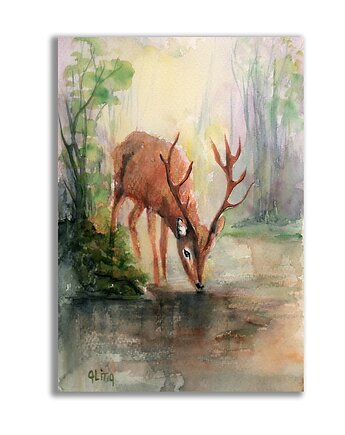 Akwarela ręcznie malowana "Jeleń"  las, Galeria Alma