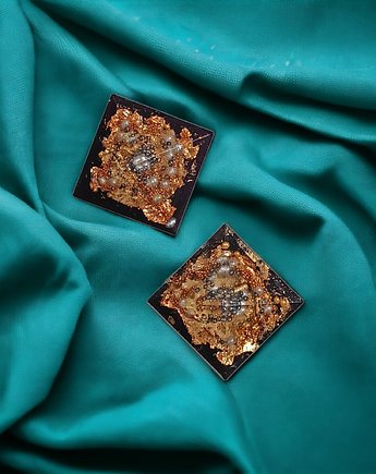 UNIKATOWE klipsy - piramidki - kolekcja GLAM - złoto, czerń, srebro, kaktusia