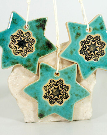 Turkusowe gwiazdki choinkowe - ozdoby ceramiczne, 10FingersArt
