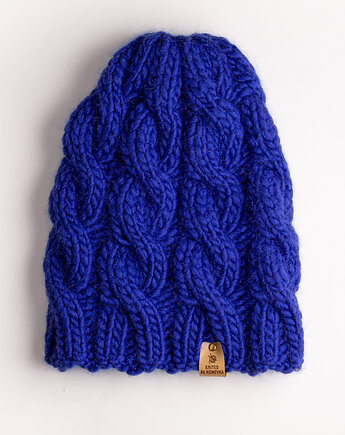 Czapka kobalt Szlachetna wełna merino Bardzo miękka Warkocz, Konevka store