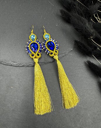 Złote kolczyki sutasz z niebieskimi kryształami i chwostami, Biżuteria Beatrice