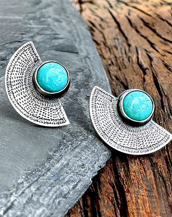 Orientalne kolczyki wkrętki srebrne wachlarze z amazonitem, SHAMBALA