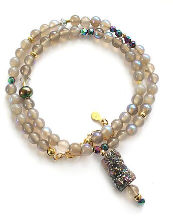 Unikatowy Naszyjnik z druzą Aura kwarc i szarym agatem