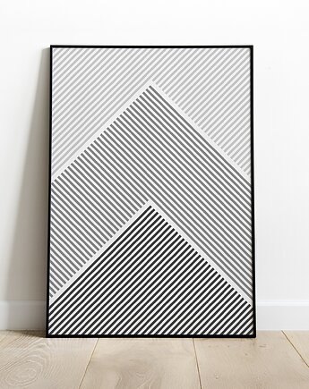 Czarno-biały plakat geometryczny, góry, abstrakcja geometryczna, linie., Grawisfera