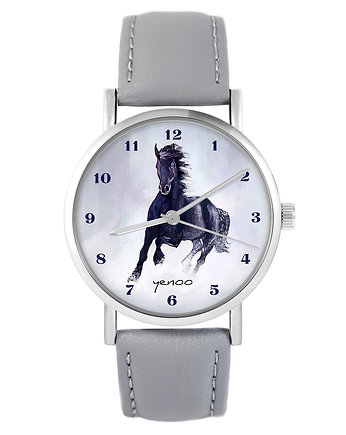 Zegarek - Czarny koń, cyfry - skóra, szary, yenoo