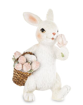 Figurka - biały królik 11x6,5x6,5 cm z koszykiem różowych tulipanów, MIA home