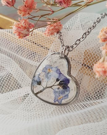 Naszyjnik serduszko z niezapominajką, Jaskółcze ziele handmade 