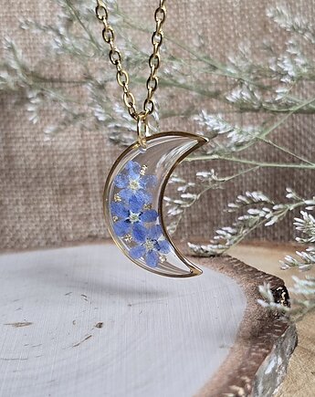 Złoty wisiorek złota zawieszka księżyc niezapominajki, zkwiatem