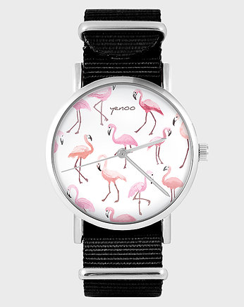 Zegarek - Flamingi - czarny, nylonowy, yenoo