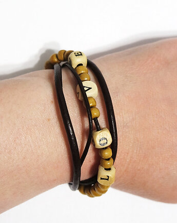 Bransoletka - Koraliki drewniane LOVE - rzemienie skórzane brązowe, yenoo