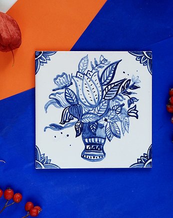 Kafelek ręcznie malowany z koszem kwiatów - holenderski, azulkafelki