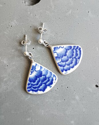 Kolczyki ceramiczne w kobaltowe kwiaty, biżuteria z talerzy