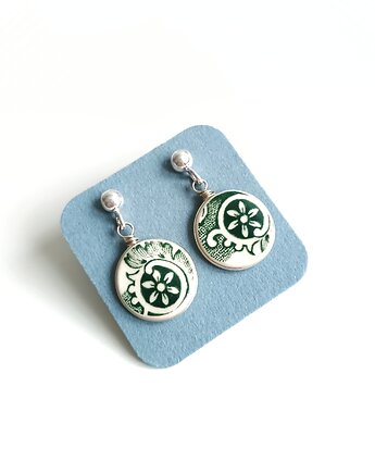 Kolczyki ceramiczne w zielone kwiaty, biżuteria z talerzy