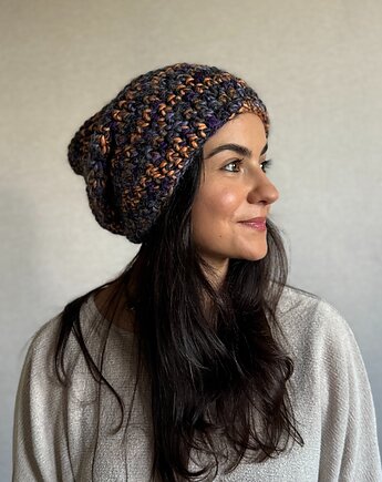 Kolorowa duża czapka beanie z wełną i alpaką, Zasznurowane