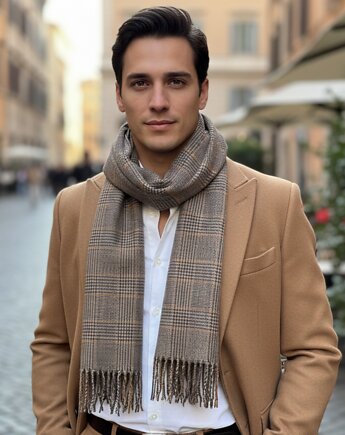 Szalik Męski Szary Brązowy Kratka, AKADEMIA STYLU