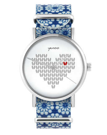 Zegarek - Serce dziergane - niebieski, kwiaty, yenoo