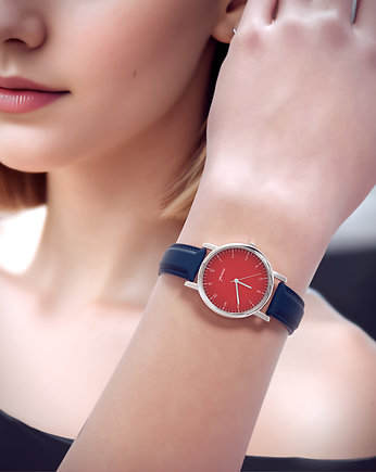 Zegarek  mały - Simple czerwony - skórzany, granatowy, OSOBY - Prezent dla kolegi