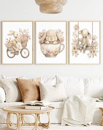 Plakaty Wiosna Króliki Wielkanoc Boho Dla Dzieci 3 szt, Magnetyczne Studio