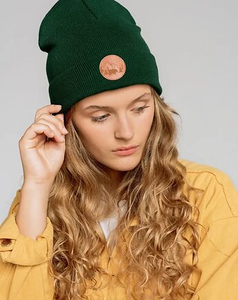 Czapka beanie z bawełny organicznej butelkowa zieleń, KABAK