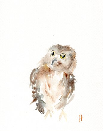 Oryginalna akwarela. Włochatka, alquadro