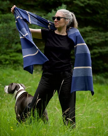 Szal szalik w paski odcienie błękitu i beż, Tricotruc